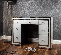 White Mirrored 7 Drawer Glass Dressing Table with matching Stool