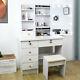 White Modern Dressing Makeup Table With Led Sliding Mirror, Stool And 6 Drawers