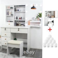 White Modern Dressing Makeup Table with LED Sliding Mirror, Stool and 6 Drawers