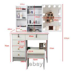 White Modern Dressing Makeup Table with LED Sliding Mirror, Stool and 6 Drawers