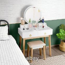 White Modern Dressing Table Makeup Vanity Unit with LED Mirror and Cushioned Stool