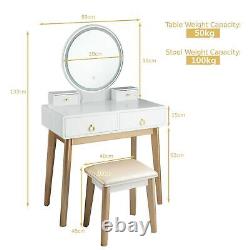 White Modern Dressing Table Makeup Vanity Unit with LED Mirror and Cushioned Stool