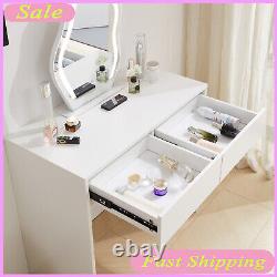 White Modern Dressing Vanity Makeup Dresser Desk with Large LED Lighted Mirror Set