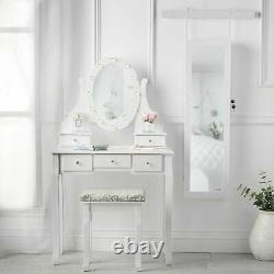 White Modern LED Dressing Table Stool Vanity Set Mirrored Jewellery Cabinet