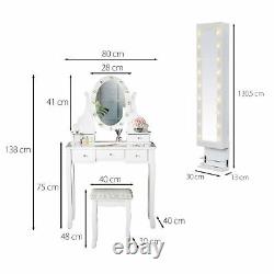 White Modern LED Mirror Dressing Table Vanity Set Mirrored Jewellery Cabinet