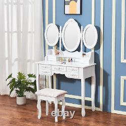 White Vanity Dressing Table with 7 Drawers 3 Mirror Set and Upholstered Stool