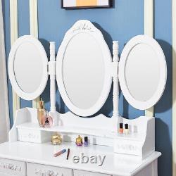 White Vanity Dressing Table with 7 Drawers 3 Mirror Set and Upholstered Stool