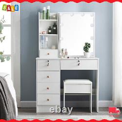 White Vanity Set with 10LED Sliding Mirror and 5 Drawers and Storage Cabinet Stool