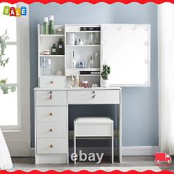 White Vanity Set with 10LED Sliding Mirror and 5 Drawers and Storage Cabinet Stool