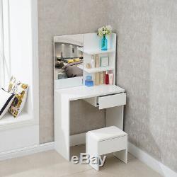White Wood Corner Dressing Table Makeup Desk Mirror Drawer Stool Bedroom Set