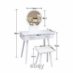 Wood Makeup Table Dressing Table with Dimmable LED Lights Mirror 2 Drawers Stool