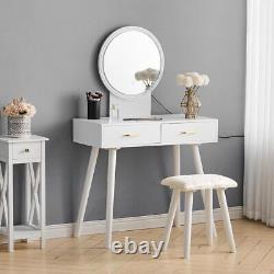 Wooden Dressing Table&Stool Vanity Set Makeup Desk withTouch Sensor Mirror Drawers