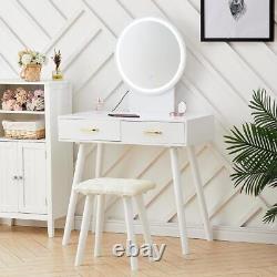 Wooden Dressing Table&Stool Vanity Set Makeup Desk withTouch Sensor Mirror Drawers
