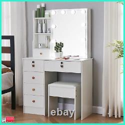 YAMISSI Vanity Makeup Dressing Table with Drawer LED Hollywood Mirror and Shelf