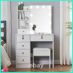 YAMISSI Vanity Makeup Dressing Table with Drawer LED Hollywood Mirror and Shelf