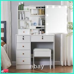 YAMISSI Vanity Makeup Dressing Table with Drawer LED Hollywood Mirror and Shelf