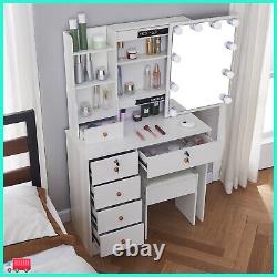 YAMISSI Vanity Makeup Dressing Table with Drawer LED Hollywood Mirror and Shelf