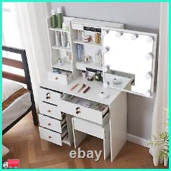 YAMISSI Vanity Makeup Dressing Table with Drawer LED Hollywood Mirror and Shelf