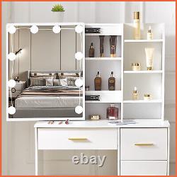 YAMISSI White Dressing Table Set with LED Bulbs Light Mirror Vanity Make up Desk