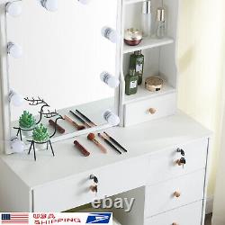 Yamissi Makeup Dressing Table Stool Set withLed Lighted Mirror 3 Colors & 6 Drawer