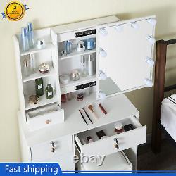 10 LED avec miroir coulissant et tabouret Blanc Maquillage Coiffeuse Décoration Chambre