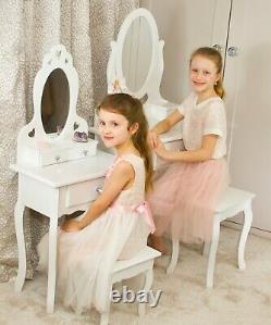 3-7y / 8-13y Filles Tables Et Stools Vanity Kids Maquillage Miroir Chaise En Bois