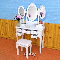 3mirors 7drawers Miroir Pliant Vanity Table De Maquillage De Table Avec Tabouret