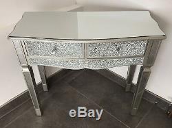 Argent Sparkly Crackle Mosaic Mirrored Verre 2 Tiroirs Dressing / Table Console