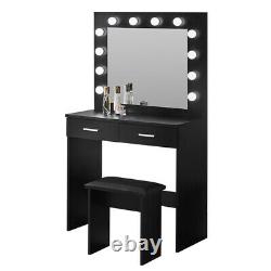 Black Dressing Table De Maquillage Led Bureau 2 Tiroirs Noir Avec Lumières Miroir Tabouret