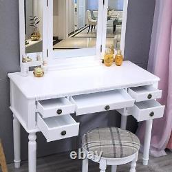 Blanc 5 Tiroirs Dressing Table Vanity Miroirs Tabouret Set Chambre Maquillage Cosmétique