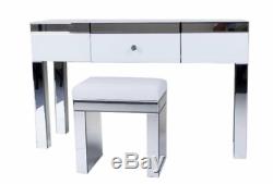 Blanc Dresser Table Mirrored Verre Set Avec Un Tirage Tabouret / Maison De Chambre Habiller