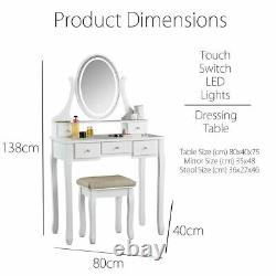 Blanc Dressing Table Touch Miroir Led Light 5 Tiroirs Tabouret Makeup Desk