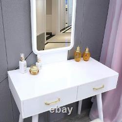 Blanc Dressing Table Vanity Bureau Et Tabouret Set Avec Led Carré Miroir 2 Tiroirs