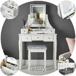Blanc Dressing Table Vanity Set Touch Led Miroir 5 Tiroirs Tabouret Makeup Desk