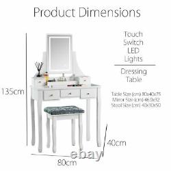 Blanc Dressing Table Vanity Set Touch Led Miroir 5 Tiroirs Tabouret Makeup Desk