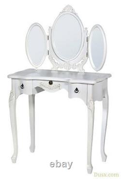 Boudoir Provence Antique Blanc Petite Table De Dressing Avec Tri-mirror Ovale