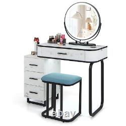 Coiffeuse Ensemble de vanité Tabouret de maquillage Lumière LED Commode à 3 tiroirs Étagères de rangement