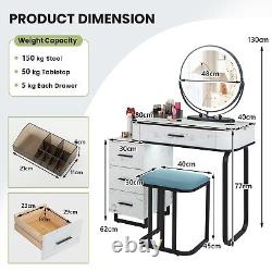 Coiffeuse Ensemble de vanité Tabouret de maquillage Lumière LED Commode à 3 tiroirs Étagères de rangement