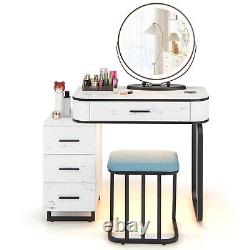 Coiffeuse Ensemble de vanité Tabouret de maquillage Lumière LED Commode à 3 tiroirs Étagères de rangement