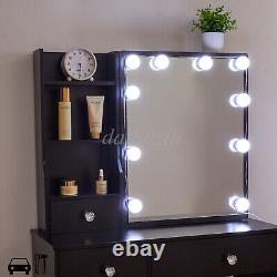 Coiffeuse + Miroir LED Table de Maquillage avec Tabouret Tiroir Noir Ensemble de Coiffeuse pour Chambre