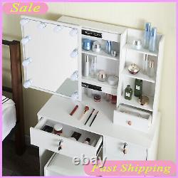 Coiffeuse à tiroirs avec table de maquillage, miroir et tabouret à 6 tiroirs avec 10 ampoules LED