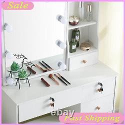 Coiffeuse à tiroirs avec table de maquillage, miroir et tabouret à 6 tiroirs avec 10 ampoules LED