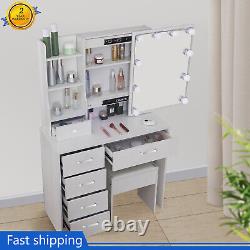 Coiffeuse avec 6 tiroirs, miroir à LED, tabouret, ensemble de table de maquillage vanité