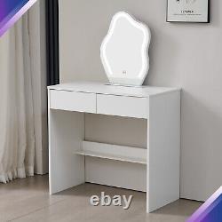 Coiffeuse avec ensemble de vanité à 2 tiroirs, coiffeuse blanche avec miroir éclairé à LED