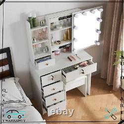 Coiffeuse avec miroir blanc, 6 tiroirs et étagères cachées pour chambre de femmes et filles