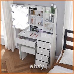 Coiffeuse blanche à 6 tiroirs avec miroir LED et tabouret - Ensemble de chambre à coucher coiffeuse pour maquillage