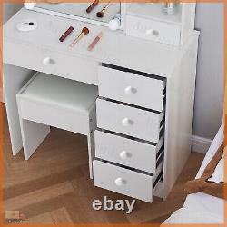 Coiffeuse blanche à 6 tiroirs avec miroir LED et tabouret - Ensemble de chambre à coucher coiffeuse pour maquillage