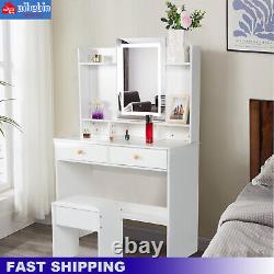Coiffeuse blanche avec 2 tiroirs, miroir avec LED et tabouret pour chambre