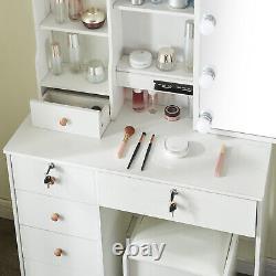 Coiffeuse blanche avec 6 tiroirs, miroir et tabouret avec 10 lumières LED