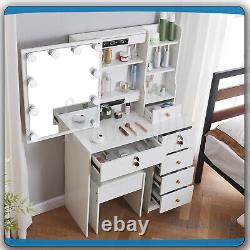 Coiffeuse blanche avec lumières LED, miroir coulissant, table de maquillage, ensemble bureau.